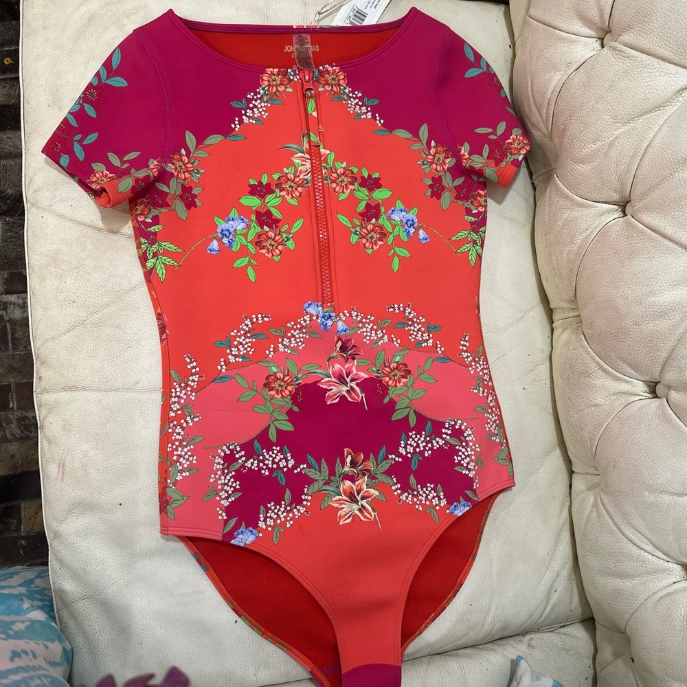 Johnny Was Red and Pink Floral One Piece Swimsuit and rash guard.